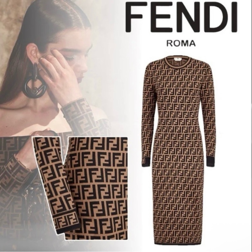 FENDI Brown & BlackMonogram Long Sleeved Knit Dress size 6 (NWT)